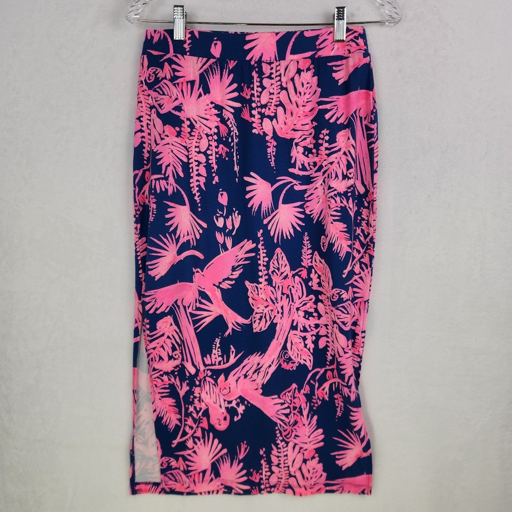 Lilly Pulitzer Midi Pencil Skirt Women XS Tropical Bird Palm Resort Beach Cruise